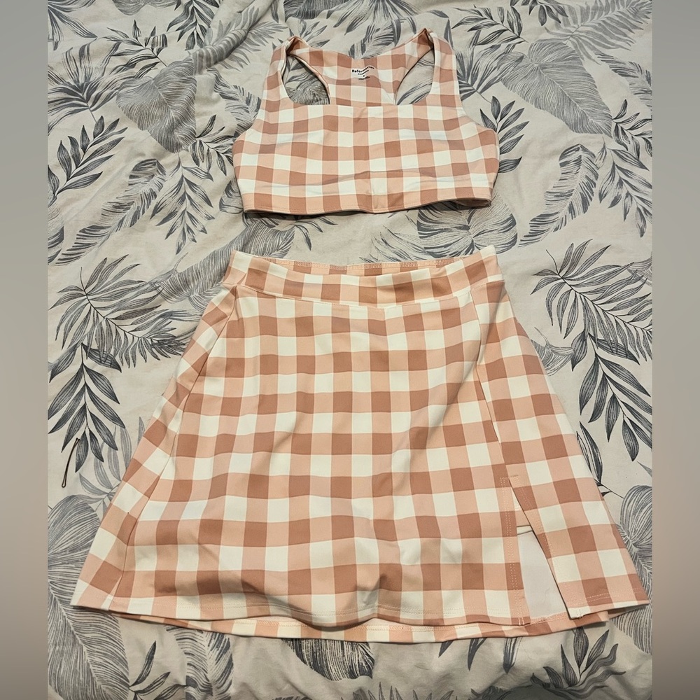 Reformation Gwen Pink Gingham Crop Top/Bra and Skirt/skort Set